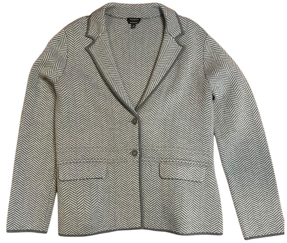 TALBOTS Women's Merino Wool Sweater Jacket MEDIUM Cardigan Gray Herringbone